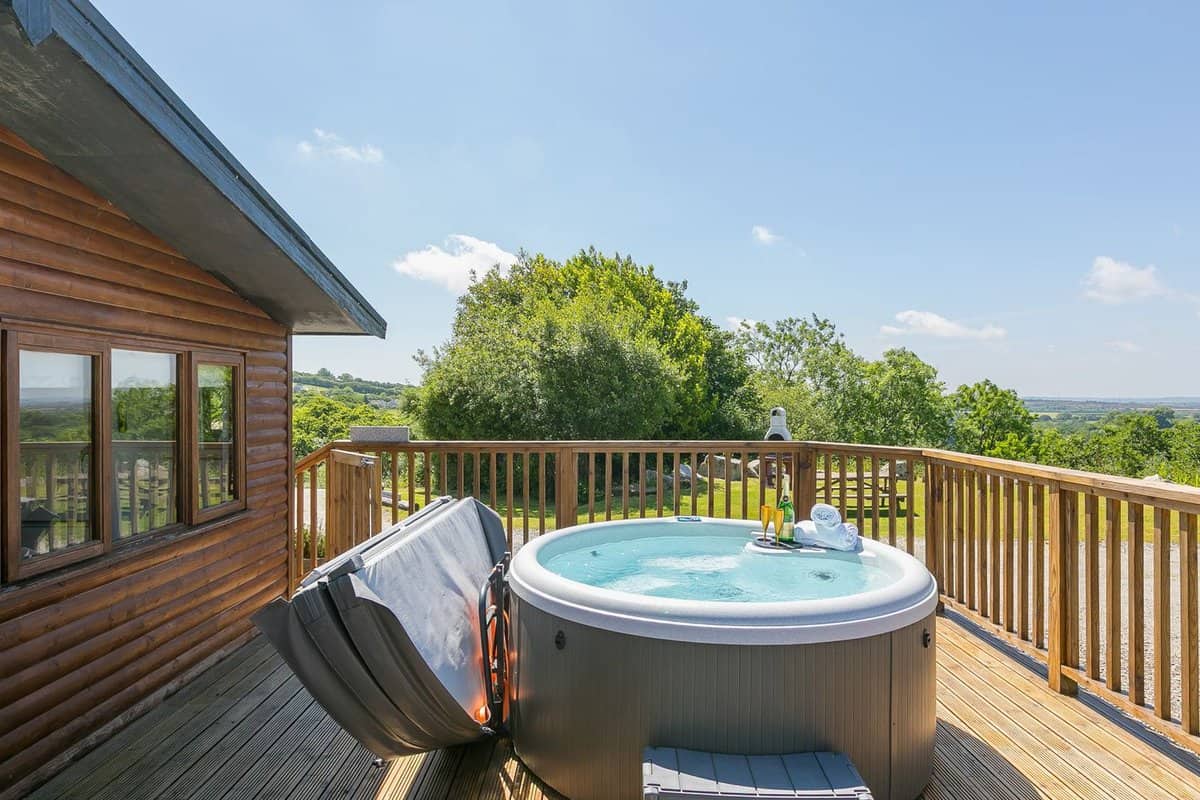 Private hot tub with countryside views at Costentyn cabin Cornwall