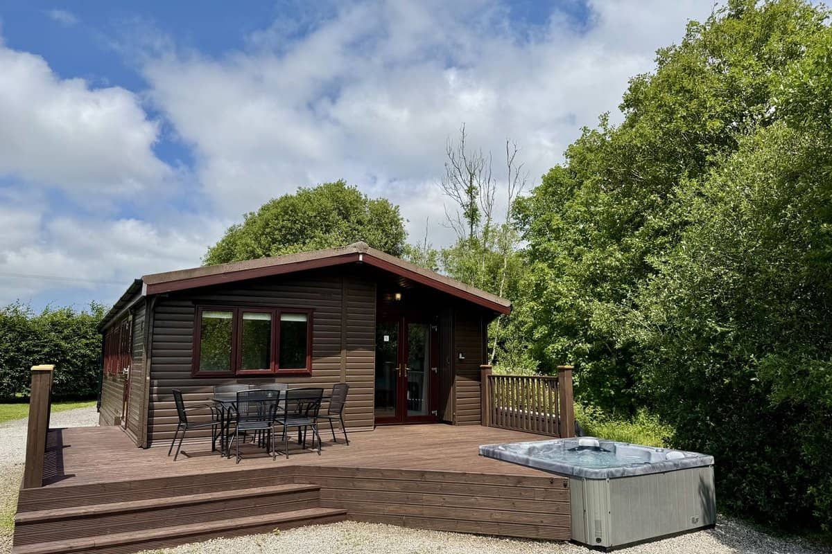 Willow Lodge timber cabin with spacious deck surrounded by Cornwall woodland